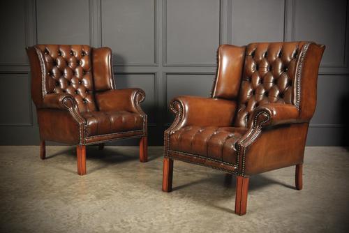 Pair of Hand Dyed Brown Buttoned Leather Wing Chairs (1 of 13) Pair of Hand Dyed Brown Buttoned Leather Wing Chairs (1 of 13)