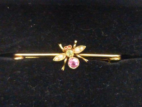 Edwardian 9ct Gold, Pink Tourmaline, Peridot and Pearl Brooch (1 of 5)