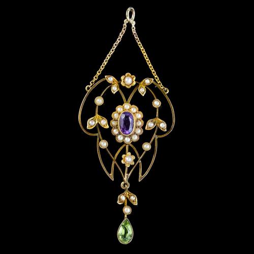 Antique Suffragette Floral Pendant Amethyst Peridot Pearl 9ct Gold Circa 1910 (1 of 6) Antique Suffragette Floral Pendant Amethyst Peridot Pearl 9ct Gold Circa 1910 (1 of 6)