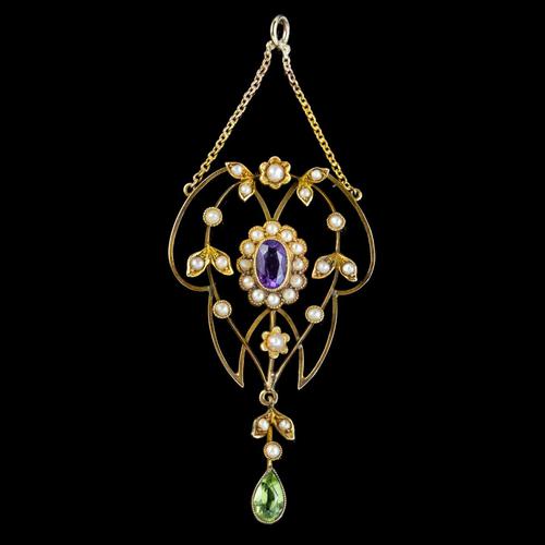 Antique Suffragette Floral Pendant Amethyst Peridot Pearl 9ct Gold Circa 1910 (1 of 6)