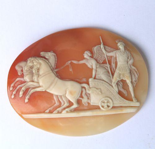 Very Fine Unmounted Carved Shell Angel of Peace Cameo - 4 Horse Chariot 19th Century (1 of 6) Very Fine Unmounted Carved Shell Angel of Peace Cameo - 4 Horse Chariot 19th Century (1 of 6)