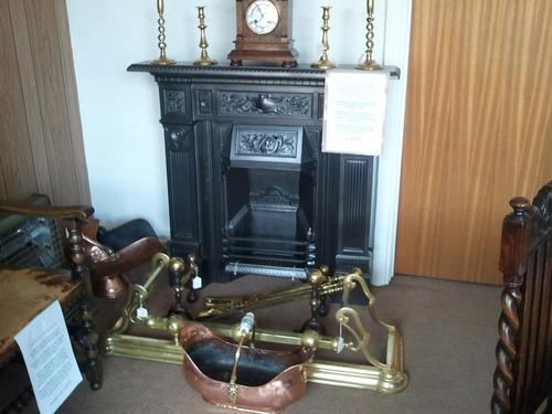 1894 Fireplace with Fire Dogs, Firetools, Copper Coal Scuttle (1 of 1) 1894 Fireplace with Fire Dogs, Firetools, Copper Coal Scuttle (1 of 1)