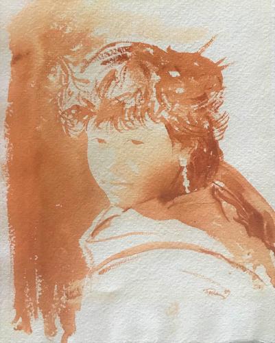 Original Sepia Watercolour 'Girl with long silver earrings, Kathmandu' by Rob Fairley. Signed & Dated 1989 (1 of 3) Original Sepia Watercolour 'Girl with long silver earrings, Kathmandu' by Rob Fairley. Signed & Dated 1989 (1 of 3)