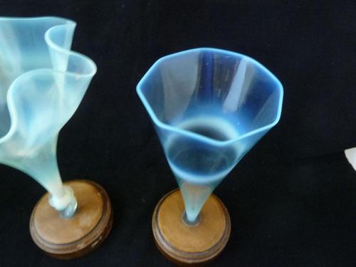 2 Early James Powell Opalescent / Vaseline Glass Vases - Mounted on Stands (1 of 4) 2 Early James Powell Opalescent / Vaseline Glass Vases - Mounted on Stands (1 of 4)