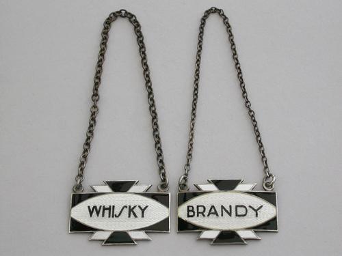 Pair of Art Deco Silver & Enamel Wine Labels 'Whisky & Brandy' by Turner & Simpson, Birmingham 1933 & 1939 (1 of 9) Pair of Art Deco Silver & Enamel Wine Labels 'Whisky & Brandy' by Turner & Simpson, Birmingham 1933 & 1939 (1 of 9)