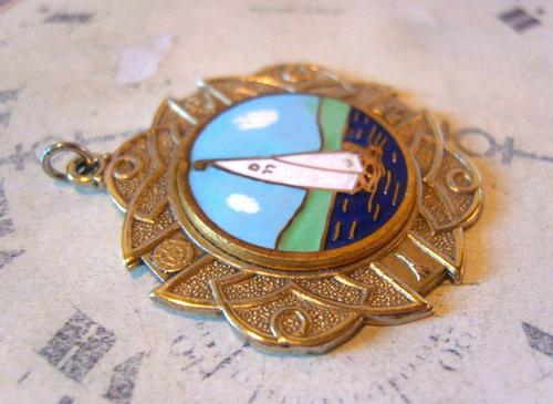 Vintage Pocket Watch Chain Fob 1940s Golden Gilt & Coloured Enamel Sailing Boat Fob (1 of 6)