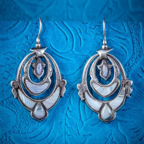 Antique Victorian Scottish Montrose Agate Earrings Silver c.1860 (1 of 6) Antique Victorian Scottish Montrose Agate Earrings Silver c.1860 (1 of 6)