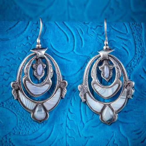 Antique Victorian Scottish Montrose Agate Earrings Silver c.1860 (1 of 6)