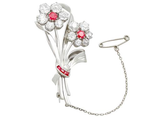 6.85 ct Diamond and 1.10 ct Ruby, Platinum Brooch - Antique and Vintage (1 of 9) 6.85 ct Diamond and 1.10 ct Ruby, Platinum Brooch - Antique and Vintage (1 of 9)