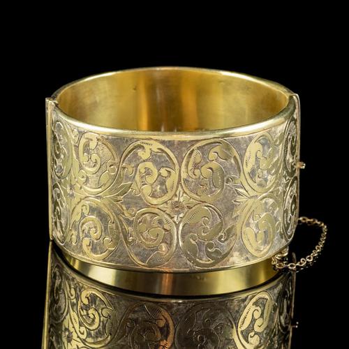 Antique Victorian Engraved Cuff Bangle Silver Gold Gilt c.1880 (1 of 5)