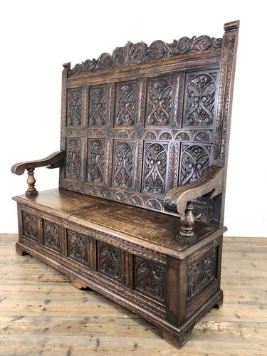 Antique Victorian Carved Oak High Back Settle (1 of 15) Antique Victorian Carved Oak High Back Settle (1 of 15)