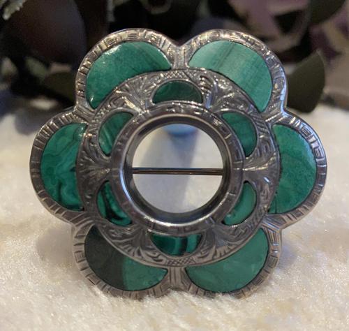 White Metal Scottish malachite brooch. c.1890 (1 of 3) White Metal Scottish malachite brooch. c.1890 (1 of 3)