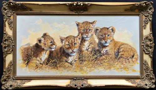Exceptional 'pride Of Lion Cubs' Large Wildlife Oil Painting By 'silvia Duran' (1 of 12) Exceptional 'pride Of Lion Cubs' Large Wildlife Oil Painting By 'silvia Duran' (1 of 12)