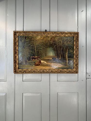 Antique 19th Century British Landscape Oil Painting of Cows Cattle in Wood Signed JD Morris '2 of 2' (1 of 10) Antique 19th Century British Landscape Oil Painting of Cows Cattle in Wood Signed JD Morris '2 of 2' (1 of 10)
