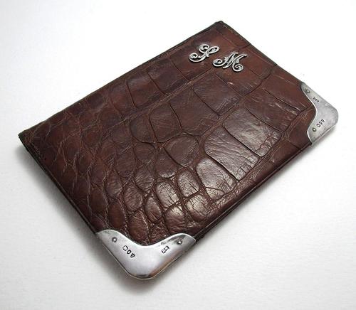 Monogram 'SM', Victorian Solid Sterling Silver Mounted Crocodile Skin Leather Antique Wallet Purse Card Stamp Case (1 of 8)