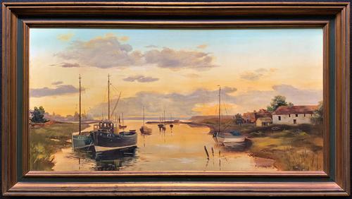 'the Estuary At Sundown' A Large Superb Original Vintage Seascape Oil Painting (1 of 12) 'the Estuary At Sundown' A Large Superb Original Vintage Seascape Oil Painting (1 of 12)