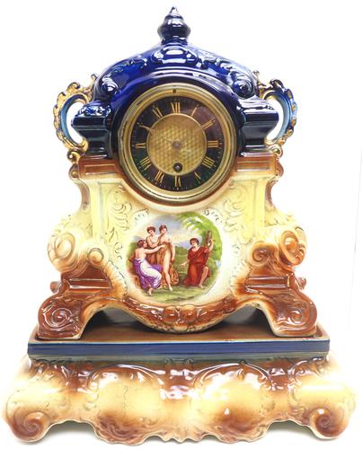 Antique 8-day Porcelain Mantel Clock Classical Blue & Earth Glazed French Mantle Clock (1 of 12)