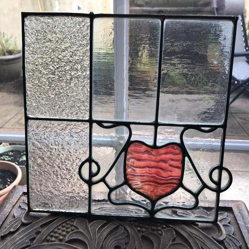 Antique Stained Glass Square Panel - Featuring a Pink Heart Detail (1 of 8)