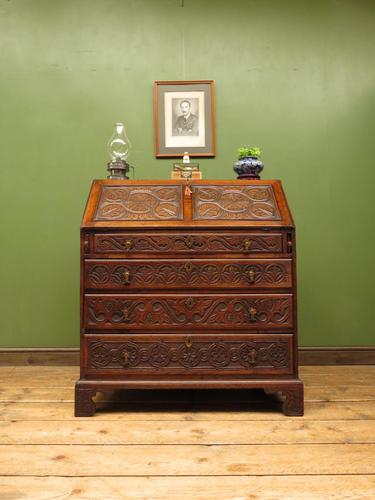 Antique Carved Oak Writing Bureau Desk with Fall Front, Handsome Gothic Piece (1 of 24)