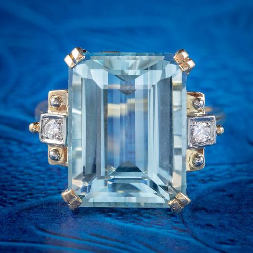 Vintage Aquamarine Diamond Ring 14ct Gold 12ct Emerald Cut Aqua (1 of 8)