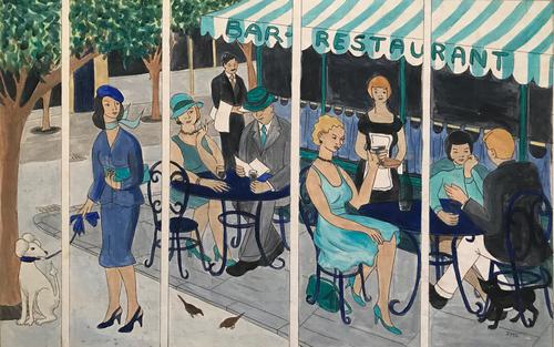 Original watercolour design for a Mural 'Cafe society' by Irene Stocks. Initialled. 1985 (1 of 1) Original watercolour design for a Mural 'Cafe society' by Irene Stocks. Initialled. 1985 (1 of 1)