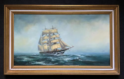 Large Beautiful Mid-Century Full-Masted Ship in Rough Seas Seascape Oil Painting (1 of 12)