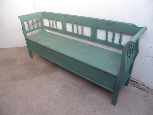 A Shabby Chic Green 4 Seater Antique/Old Pine Kitchen/Hall Box Settle/ Bench (1 of 10)