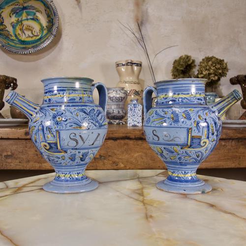 Pair of Mid 17th Century Italian Majolica Berettino Wet Drug Jars (1 of 11) Pair of Mid 17th Century Italian Majolica Berettino Wet Drug Jars (1 of 11)