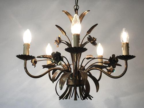 Vintage French 5 Arm Gilt Wheatsheaf & Floral Toleware Chandelier (1 of 9)