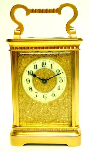 Good Antique French 8-day Carriage Clock Bevelled Case with Embossed Decorated Masked Dial (1 of 12)