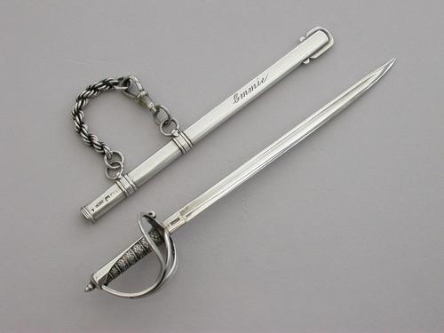 Victorian Novelty Silver Officers Dress Sword Letter Opener by Sampson Mordan, London, 1896. 'Emmie' (1 of 14)