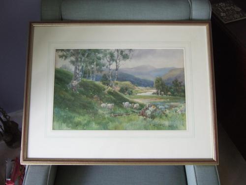 BJ Ottewell (1847-1937): Watercolour of River Landscape with Sheep (1 of 5) BJ Ottewell (1847-1937): Watercolour of River Landscape with Sheep (1 of 5)