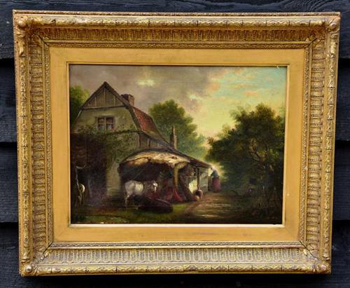 19th Century Country Farmhouse Scene, Oil on Canvas. Original Gilt Frame. (1 of 5) 19th Century Country Farmhouse Scene, Oil on Canvas. Original Gilt Frame. (1 of 5)