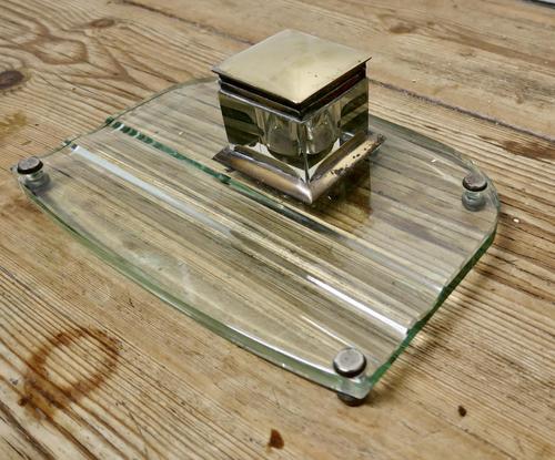 Art Deco Glass and Brass Desk Inkwell with Pen Rest (1 of 8) Art Deco Glass and Brass Desk Inkwell with Pen Rest (1 of 8)