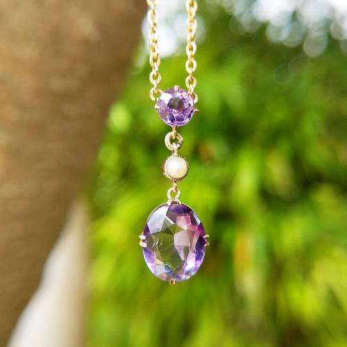 Antique Edwardian 9ct Gold Amethyst & Pearl Pendant Necklace (1 of 8) Antique Edwardian 9ct Gold Amethyst & Pearl Pendant Necklace (1 of 8)