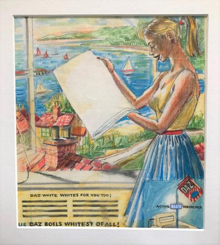 Original chalks and pencil drawing 'Daz washes whiter' produced for a newspaper/periodical advertising campaign. c.1965 (1 of 3) Original chalks and pencil drawing 'Daz washes whiter' produced for a newspaper/periodical advertising campaign. c.1965 (1 of 3)