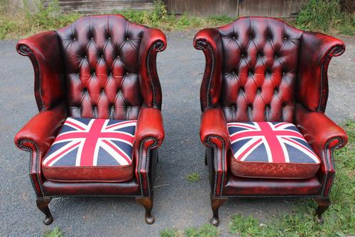 1960s Pair Red Leather Wingback Armchairs with Union Jack (1 of 4) 1960s Pair Red Leather Wingback Armchairs with Union Jack (1 of 4)