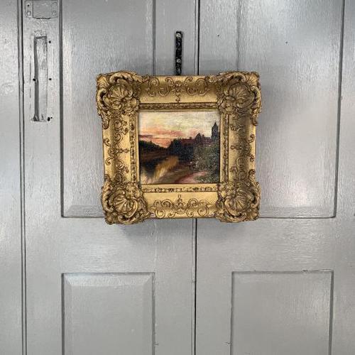 Antique Victorian signed oil painting river landscape at sunset in gesso frame (1 of 8) Antique Victorian signed oil painting river landscape at sunset in gesso frame (1 of 8)