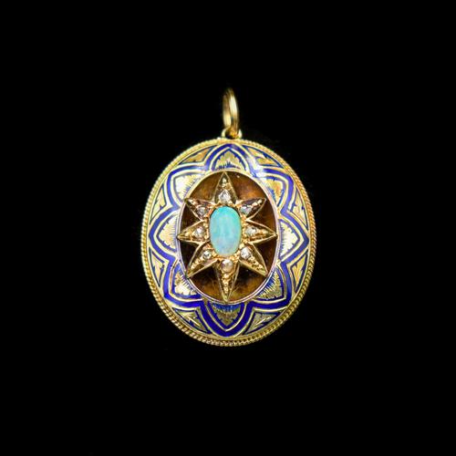 Antique Blue Enamel Opal and Diamond Star 15ct Gold Oval Locket Pendant (1 of 11) Antique Blue Enamel Opal and Diamond Star 15ct Gold Oval Locket Pendant (1 of 11)