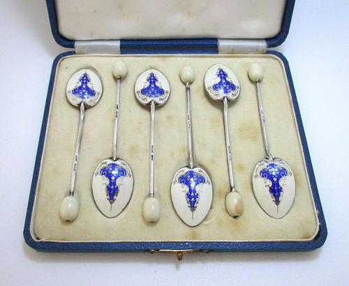 Beautiful Blue / White Enamel Solid Sterling Silver English Tea Coffee Spoons Box Set Cased, Turner & Simpson (1 of 9)