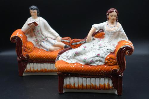 Unusual Pair of Mid 19th Century Staffordshire Reclining Figures (1 of 5) Unusual Pair of Mid 19th Century Staffordshire Reclining Figures (1 of 5)