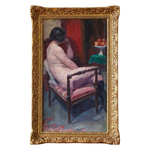 Oswald Poreau, Seated Nude In Leather Boots, Oil Painting (1 of 8) Oswald Poreau, Seated Nude In Leather Boots, Oil Painting (1 of 8)
