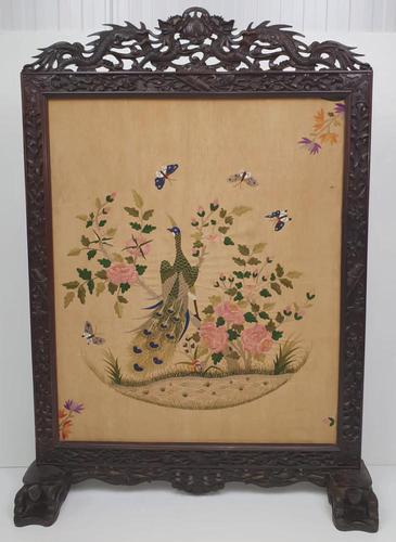 19th Century Chinese Mahogany Fire Screen with Silk Embroidered Panel (1 of 6) 19th Century Chinese Mahogany Fire Screen with Silk Embroidered Panel (1 of 6)