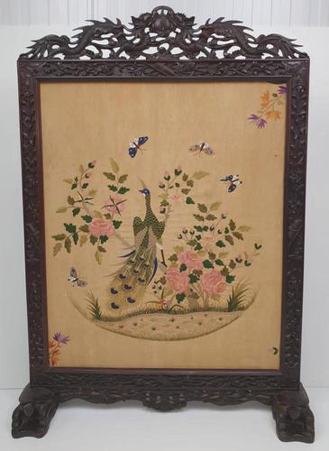 19th Century Chinese Mahogany Fire Screen with Silk Embroidered Panel (1 of 6)