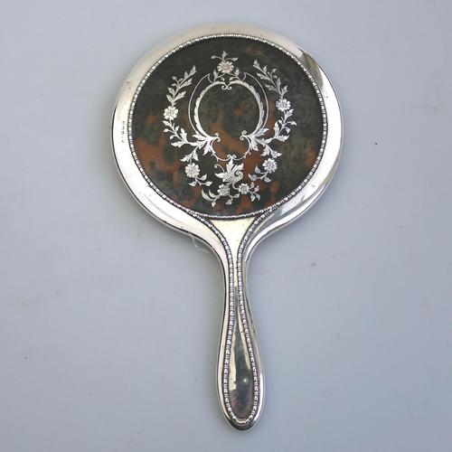 Pretty Solid Silver & Tortoiseshell Pique Work Hand Mirror c.1917 (1 of 7)