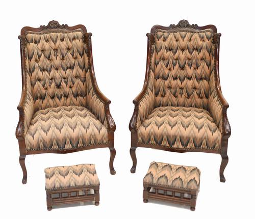 Pair of Victorian Salon Chairs Arm Club Chair Stools (1 of 15)