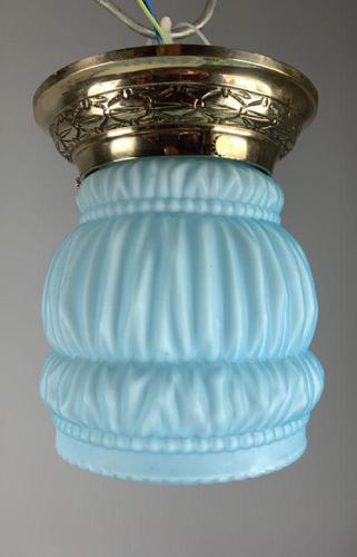 Art Deco Ceiling Light With Original Blue Shade; Brass Gallery; Rewired. (1 of 7)