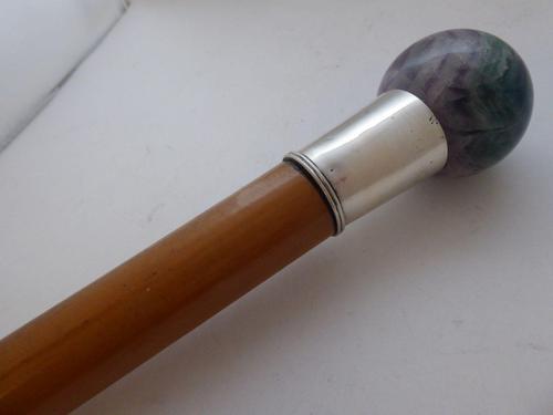 Victorian Walking Stick Cane Solid Silver Pommel Malacca Wood Shaft Fluorite Top (1 of 8)