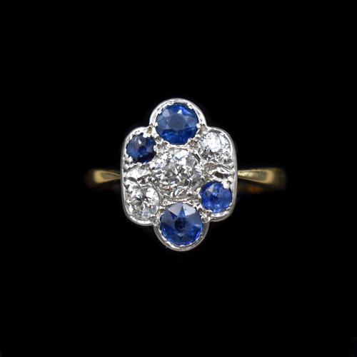 Antique Blue Sapphire and Old Cut Diamond Cluster 18ct 18K Yellow Gold and Platinum Ring (1 of 10)