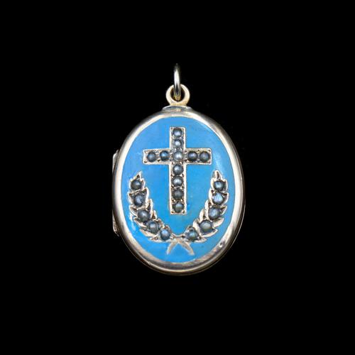 Antique Blue Enamel & Pearl Cross Laurel 9ct Gold Oval Locket Pendant (1 of 9) Antique Blue Enamel & Pearl Cross Laurel 9ct Gold Oval Locket Pendant (1 of 9)